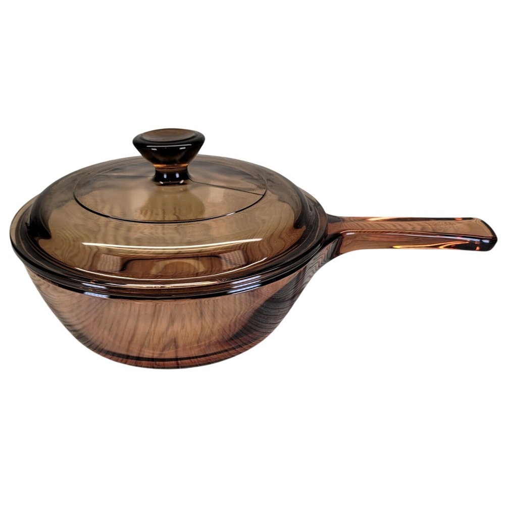 Pyrex Vision Corning Ware Amber Glass .5L Sauce Pan Pot Lid Kitchen Cookware Vtg